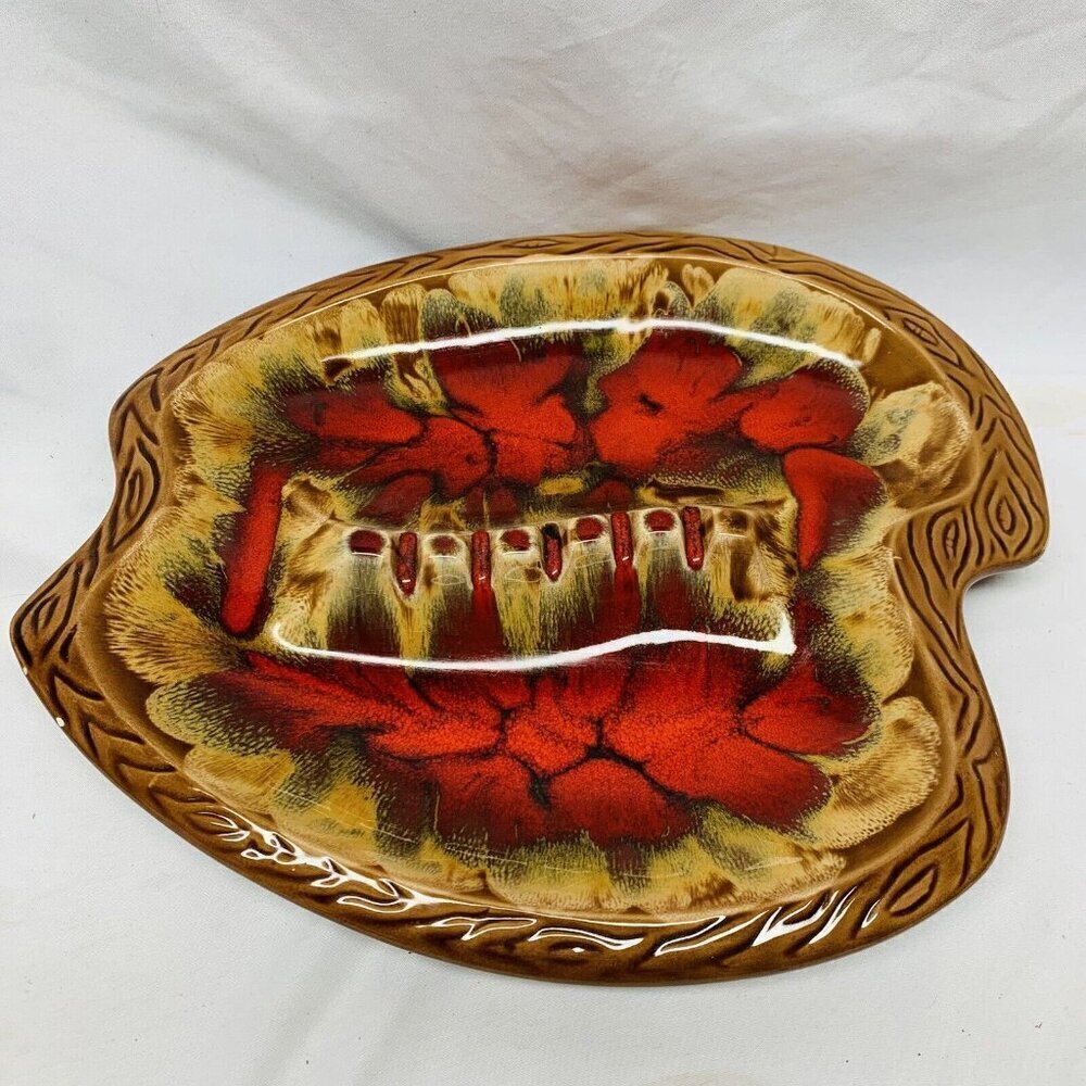 VTG Beautiful Ashtray Large Divided Floral Red Brown‎ Pottery 60's-70's 12in